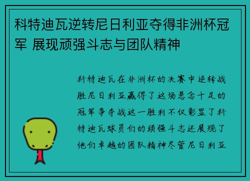 科特迪瓦逆转尼日利亚夺得非洲杯冠军 展现顽强斗志与团队精神
